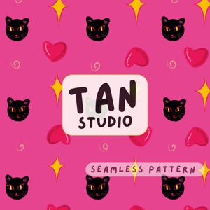 May include: Seamless pattern on a pink background featuring black cat faces with yellow eyes, red hearts, yellow starbursts, and swirls. The text "TAN STUDIO" is in a white rectangle, and "SEAMLESS PATTERN" is below it.
