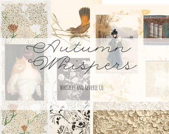 May include: A collage of vintage imagery with a muted colour palette. It features a bird, a woman in a long coat, floral patterns, and the text "Autumn Whispers" and "Whispers and Reverie Co."