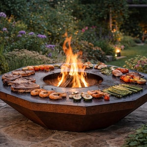 Könnte beinhalten: Ein großer, achteckiger Außen-Feuertisch mit zentralem Feuer und Kochfläche. Gegrilltes Essen, darunter Steaks, Garnelen und Gemüse, ist um das Feuer herum angeordnet. Der Feuertisch steht auf einer Steinterrasse, umgeben von einem Garten.