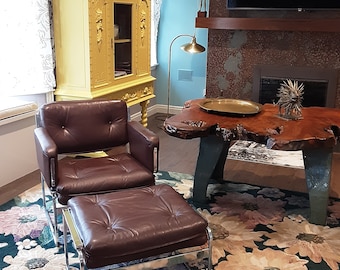 Mid Century Leather and Chrome lounge Chair & Ottoman