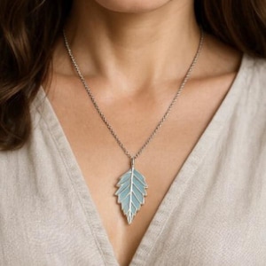 Gold Plated Leaf Pendant Necklace: Blue Enamel Botanical Jewelry