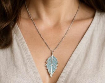 Gold Plated Leaf Pendant Necklace: Blue Enamel Botanical Jewelry