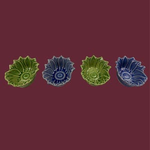 Lot de 4 Ramequins Vintage Forme Feuille | Céramique Bleu & Vert Années 60 | Petits Plats Déco