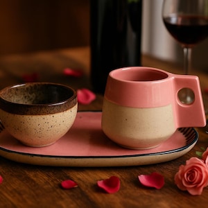 Handmade Pink Ceramic Breakfast Set: Turkish Pottery Cup, Bowl & Plate