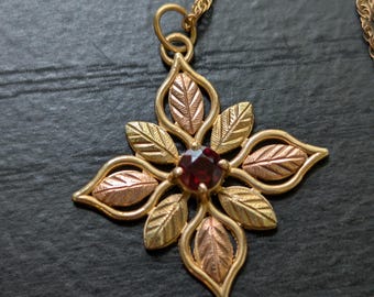 Vintage Black Hills Gold Garnet Leaf Pendant 10k Rose Yellow with Chain