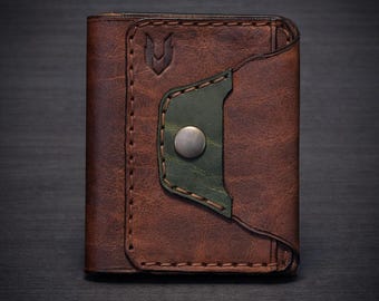 Portafoglio in pelle pieno fiore cucito a mano - Design minimalista a due ante