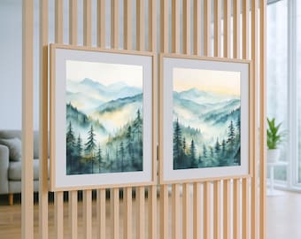Misty Mountain Forest Print Set: Watercolor Landscape Wall Art (Digital Download)