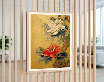 Vintage Japanese Peony Painting: Gold Botanical Print (Digital Download)