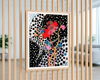 Red Floral Polka Dot Print, Modern Vertical Wall Art (Digital Download)