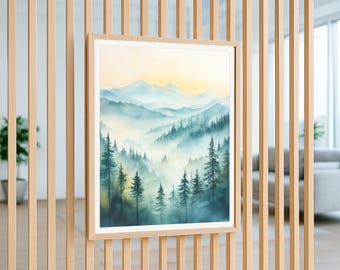 Misty Mountain Forest Print: Watercolor Landscape Art (Digital Download)