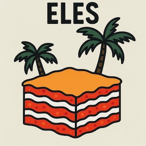 May include: A graphic illustration with the text "LO-SANG-ELES" in bold black letters. Below the text is a stylized image of a beach scene with two palm trees and a layered, red and white structure, possibly representing a building or a food item.
