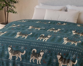 Manta nórdica de forro polar para invierno de Husky. Regalo para amantes de los huskies.