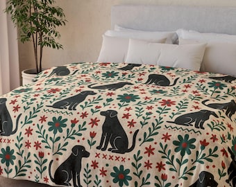 Floral Black Labrador Fleece Blanket, Scandinavian Dog Lover Gift