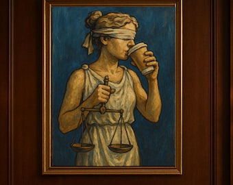Modern Lady Justice Drinking Coffee Art Digital Download. Legal Office Décor