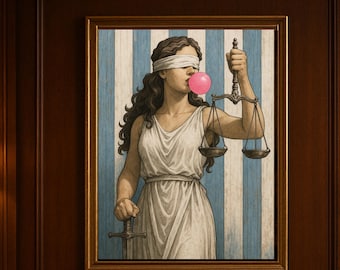 Lady Justice Bubble Gum Art Print, Funny Legal Gift