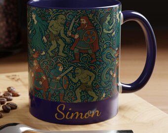 Beowulf Kaffeetasse, benutzerdefinierter zweifarbiger Becher, rote oder dunkelblaue 11 Unzen Tasse, klassisches Literaturgeschenk