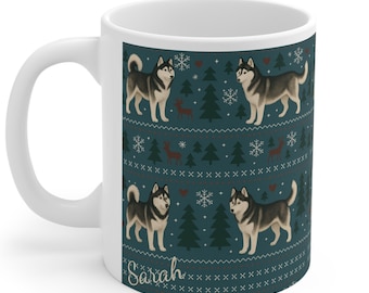 Taza nórdica de invierno con nombre personalizado de Husky de 325 ml. Regalo personalizado de Husky.