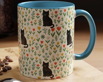 Black Cat Spring Flowers Mug 11oz. Two Tone Ceramic Cup. Scandinavian Design