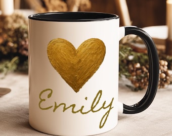 Personalized Coffee Mug, Rustic Gold Heart Design, Two Tone Cup