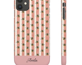 Custom Name Pink Stripe Bee Phone Case. Cottagecore phone Snap Case, Cute Bee Lover Gift