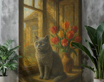 British Blue Cat Art Print. Cottage Window Tulips Fine Art Poster