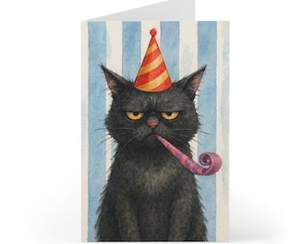 Grumpy Black Cat Birthday Cards. Striped 7pc Set, Funny Cat Note Cards