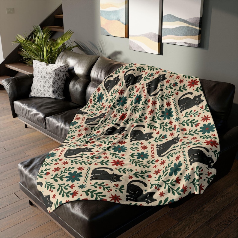 Scandi Black Cat Fleece Blanket, Nordic Minimalist Throw image 4