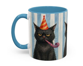 Grumpy Black Cat Mug.  Blue Stripe Two Tone 11oz Coffee Cup, Funny Cat Gift