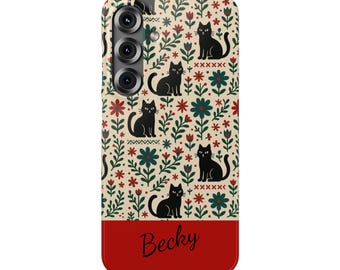 Black Cat Nordic Phone Case. Scandinavian Pattern Snap Case, Cute Minimal Cat Lover Gift
