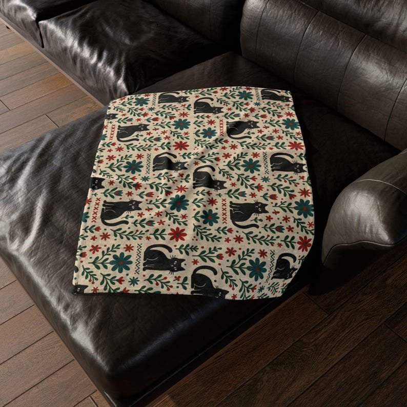 Scandi Black Cat Fleece Blanket, Nordic Minimalist Throw image 5