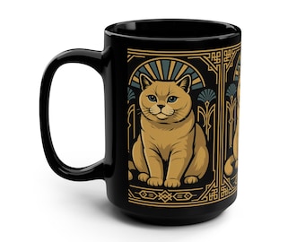 Art Deco British Shorthair Cat Mug - Black Ceramic 15oz