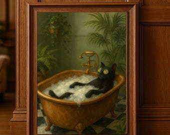Relaxing Cat in Bubble Bath. Black Cat with Cucumber Eyes, Vintage Bathroom Print