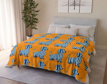 Sausage Dog Fleece Blanket. Vibrant Orange Stripey Dachshund, Wiener & Doxie Throw