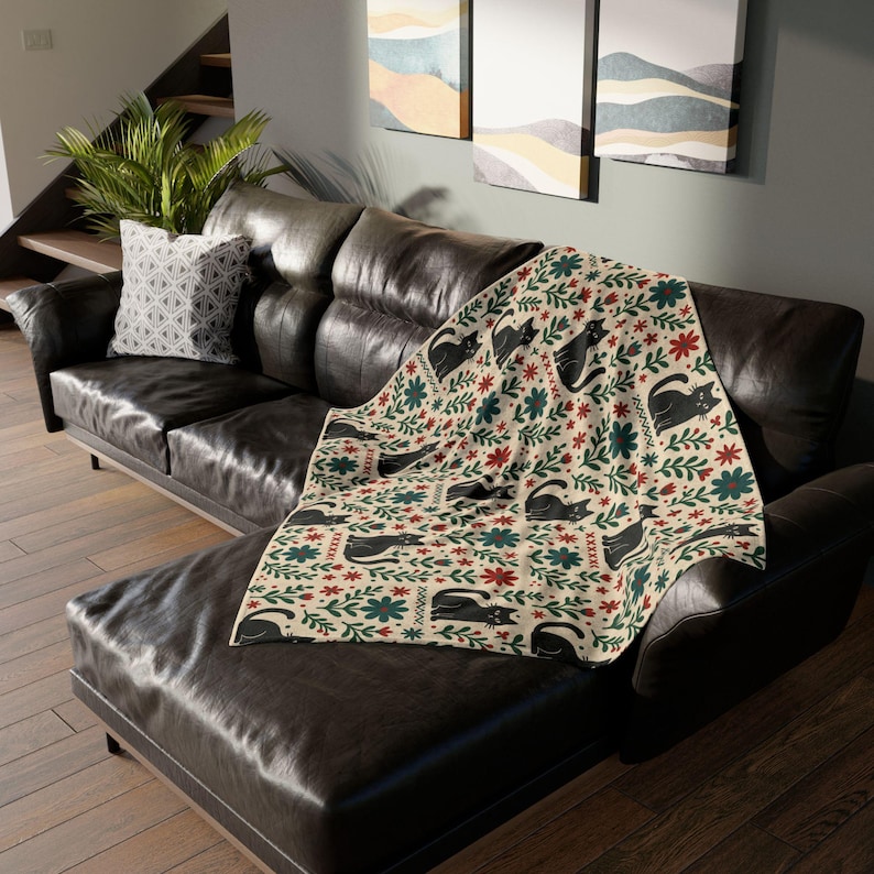 Scandi Black Cat Fleece Blanket, Nordic Minimalist Throw image 6