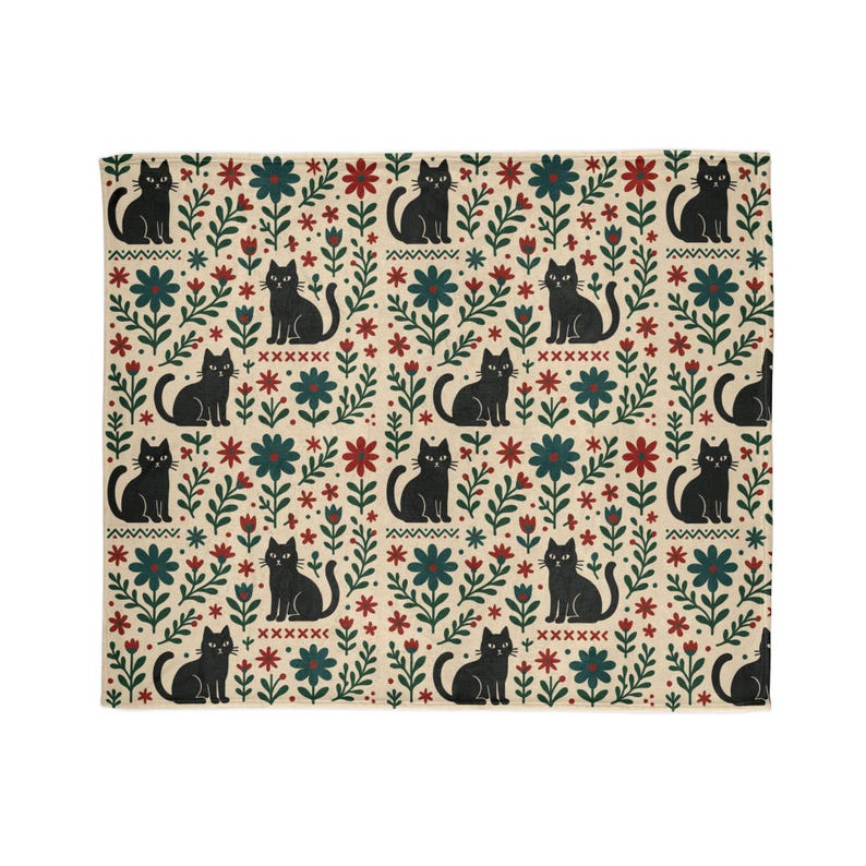 Scandi Black Cat Fleece Blanket, Nordic Minimalist Throw image 12