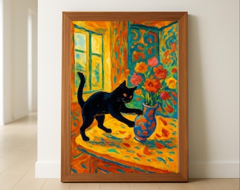 May include: A framed painting featuring a black cat reaching towards a blue vase with orange flowers. The artwork has a vibrant color palette of orange, yellow, and blue. The cat is the focal point, set against a patterned background and a table.