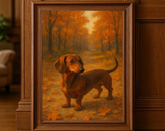 May include: A framed artwork depicts a brown dachshund dog standing in a forest scene. The dog is the focal point, set against a backdrop of autumn trees with orange and yellow leaves. The artwork is in a brown wooden frame.