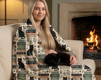Nordic Black Cat Book Lover Fleece Blanket. Classic Female Author Pattern, Literary Gift for Readers