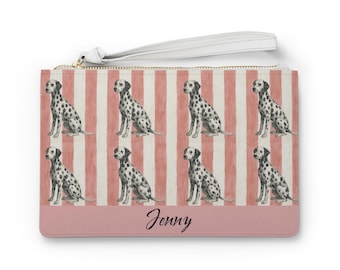 Custom Name Dalmatian Makeup Bag. Pink Stripe Clutch, Dog Lover Gift