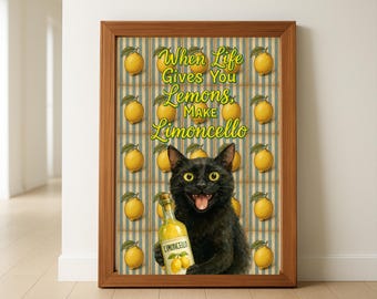 Rustic Black Cat Limoncello Art Print, Italian Kitchen Decor