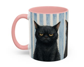 Grumpy Black Cat Mug. Blue Stripe Two Tone 11oz Coffee Cup, Funny Cat Gift