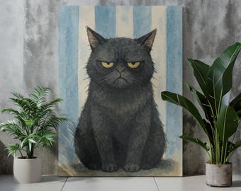 Grumpy Black Cat Art Print. Blue Stripe Cottagecore Wall Decor