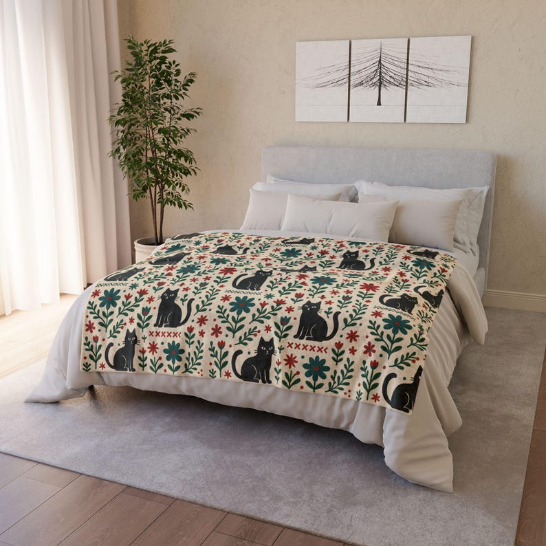 Scandi Black Cat Fleece Blanket, Nordic Minimalist Throw image 2