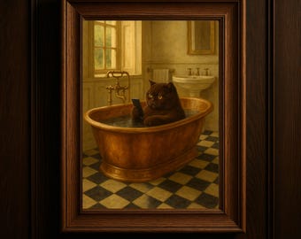 British Shorthair Cat in Bath Art Print | Funny Bathroom Poster