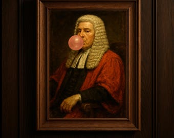 Lámina artística de un juez soplando chicle, regalo legal divertido