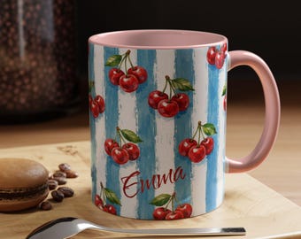 Personalised Cherry Mug. Blue White Stripe Two Tone 11oz Cup