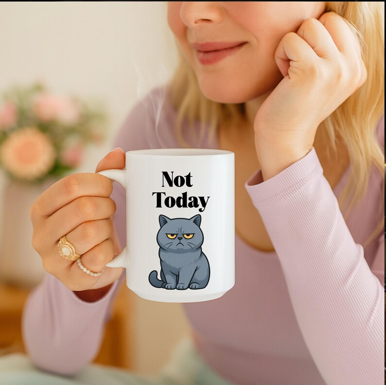 Taza divertida de gato gruñón con el lema "Hoy no", regalo para amantes de los gatos imagen 2