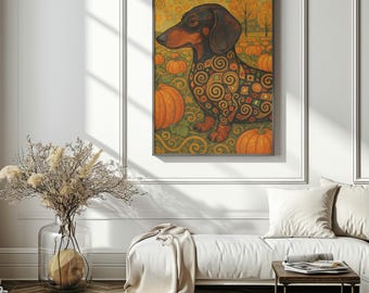 May include: A framed art print featuring a dachshund dog with a decorative pattern on its body, set against a backdrop of pumpkins and fall foliage. The dog is black and brown, with orange pumpkins and a yellow background.