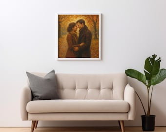 May include: A framed art print depicts a couple embracing in a park during autumn. The artwork features warm tones of brown, orange, and yellow, with the couple in coats and a backdrop of trees with falling leaves. The print is displayed above a beige sofa.