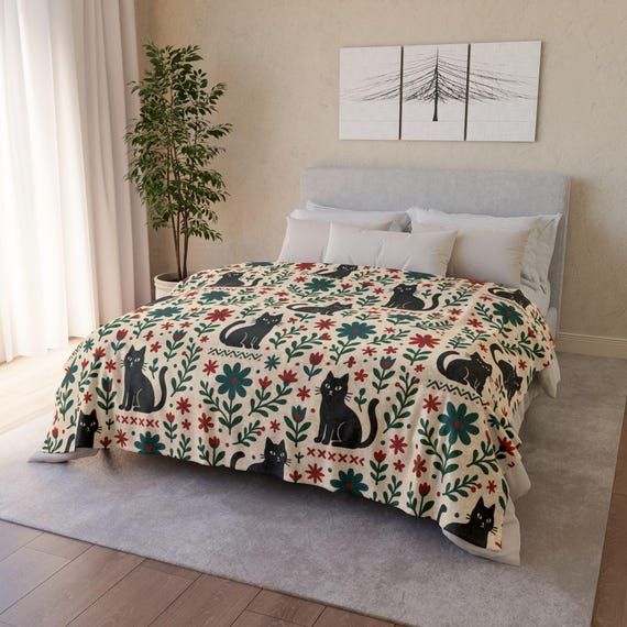 Scandi Black Cat Fleece Blanket, Nordic Minimalist Throw